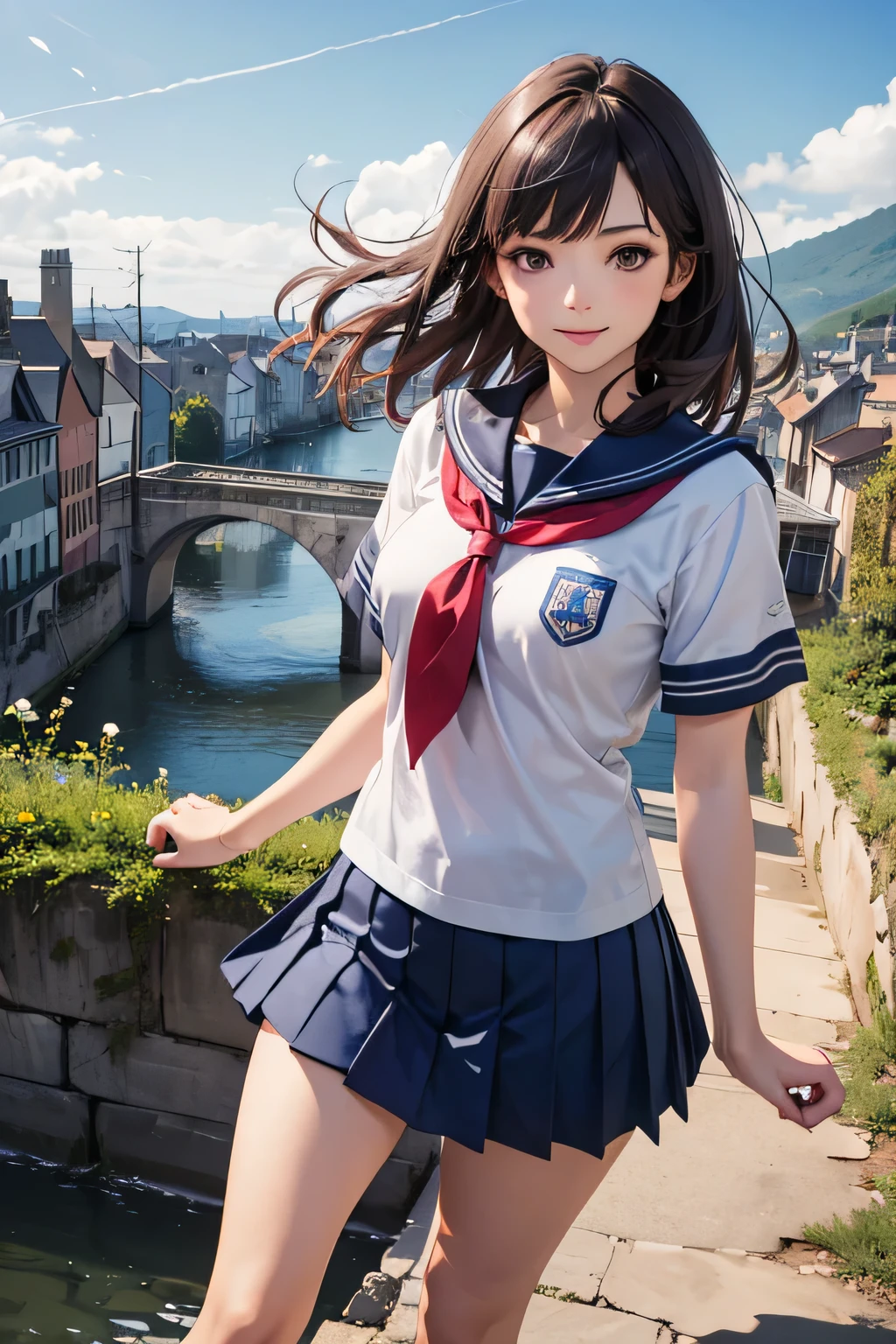 Very cute and beautiful girl,Teen,(very detailed beautiful face and eyes:1.2),Seifuku,Smile,(Navy blue pleated mini skirt),
Cowboy Shot,(Skirt lift,White panties),Dynamic Angle,Looking at Viewer,
many european houses with red roofs,(Town overview:1.2),Narrow river and distant stone bridge,Detailed landscapes,
Black hair,(Best Quality,masutepiece:1.2),Intricate details,Extremely detailed,8K resolution,Solo,Natural lighting,
Hair fluttering in the wind,Beautiful detailed sky,