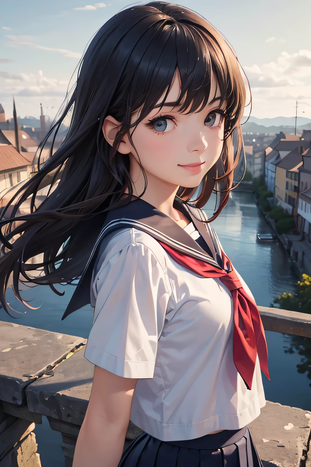 very cute and beautiful school girl,Teen,(very detailed beautiful face and eyes:1.2),
Smile,Black hair,Seifuku,(Pleated mini skirt in navy blue),Dynamic Pose,Dynamic Angle,Looking at Viewer,
many european houses with red roofs,(Town overview),A narrow river and a stone bridge in the distance,Detailed landscapes,
(Best Quality,masutepiece:1.2),Intricate details,Extremely detailed,Ultra-detailed,8K resolution,Solo,Natural lighting,
Hair fluttering in the wind,Beautiful detailed sky,(Realistic),