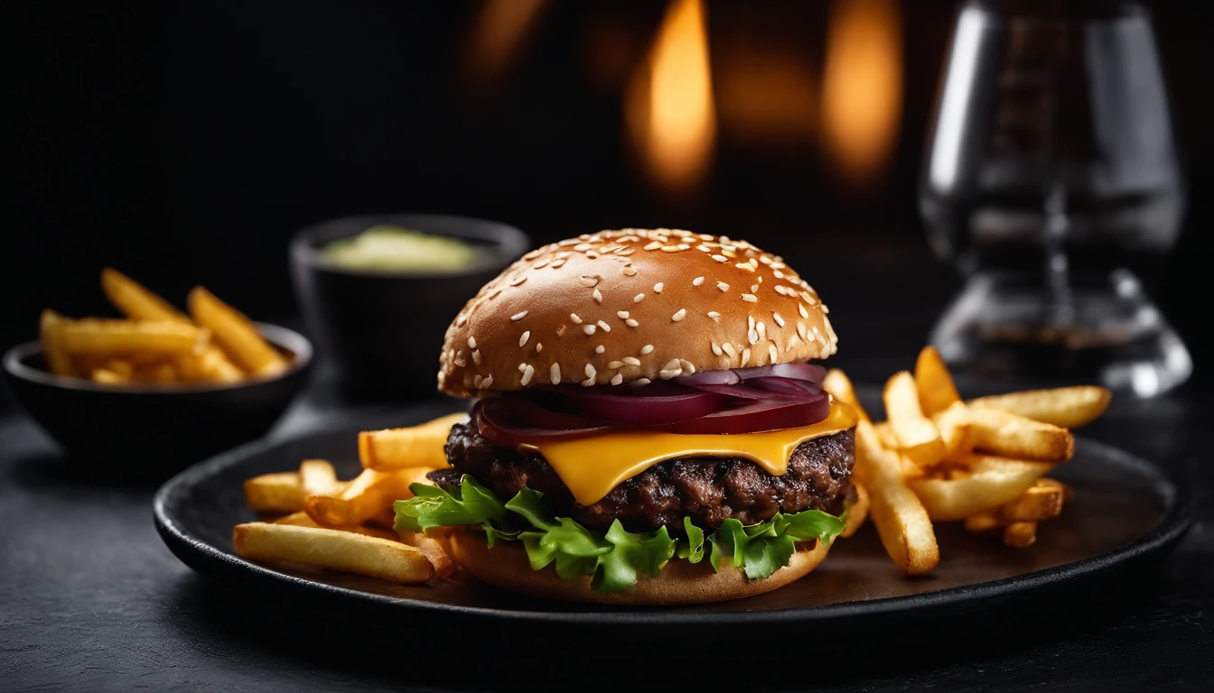 An aesthetic photo of a hamburger served on a trendy black slate plate with a side of golden crispy fries, showcasing the burger’s modern and stylish presentation