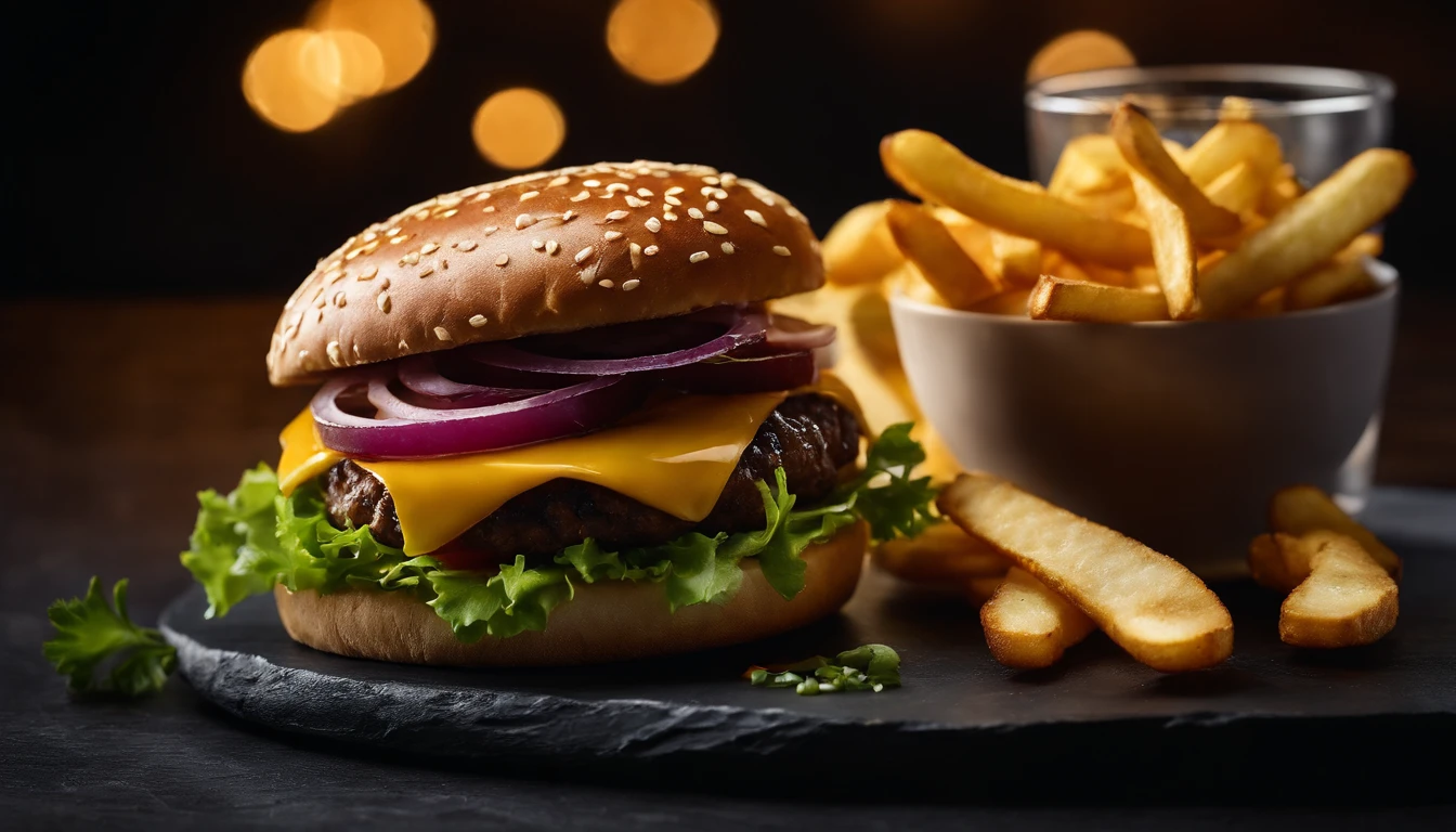 An aesthetic photo of a hamburger served on a trendy black slate plate with a side of golden crispy fries, showcasing the burger’s modern and stylish presentation