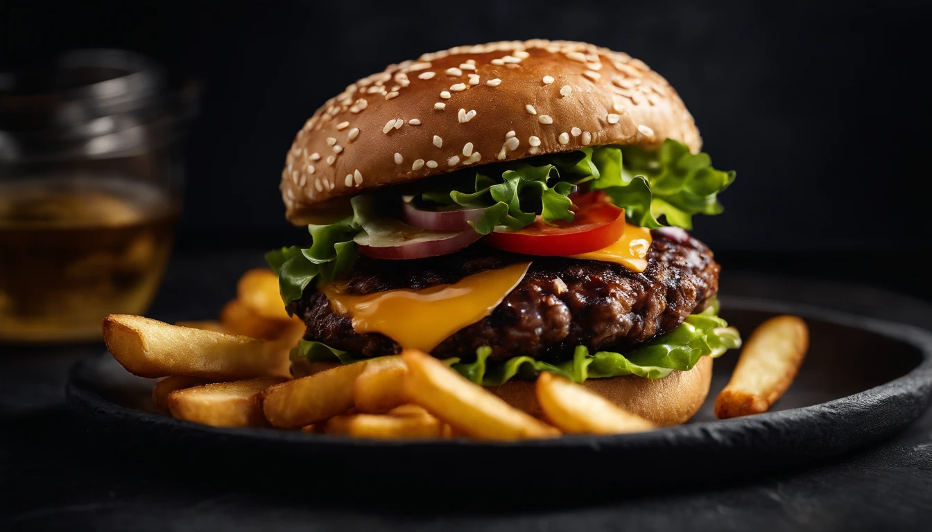 An aesthetic photo of a hamburger served on a trendy black slate plate with a side of golden crispy fries, showcasing the burger’s modern and stylish presentation