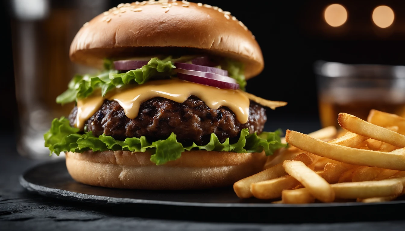 An aesthetic photo of a hamburger served on a trendy black slate plate with a side of golden crispy fries, showcasing the burger’s modern and stylish presentation