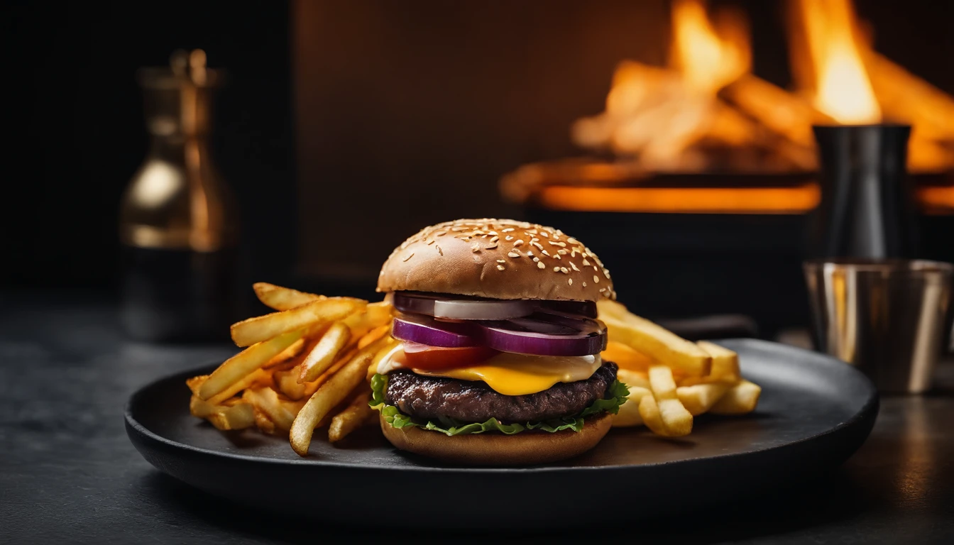 An aesthetic photo of a hamburger served on a trendy black slate plate with a side of golden crispy fries, showcasing the burger’s modern and stylish presentation