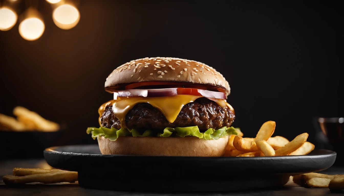 An aesthetic photo of a hamburger served on a trendy black slate plate with a side of golden crispy fries, showcasing the burger’s modern and stylish presentation