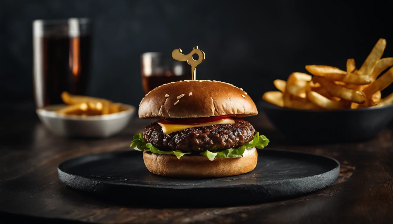 An aesthetic photo of a hamburger served on a trendy black slate plate with a side of golden crispy fries, showcasing the burger’s modern and stylish presentation