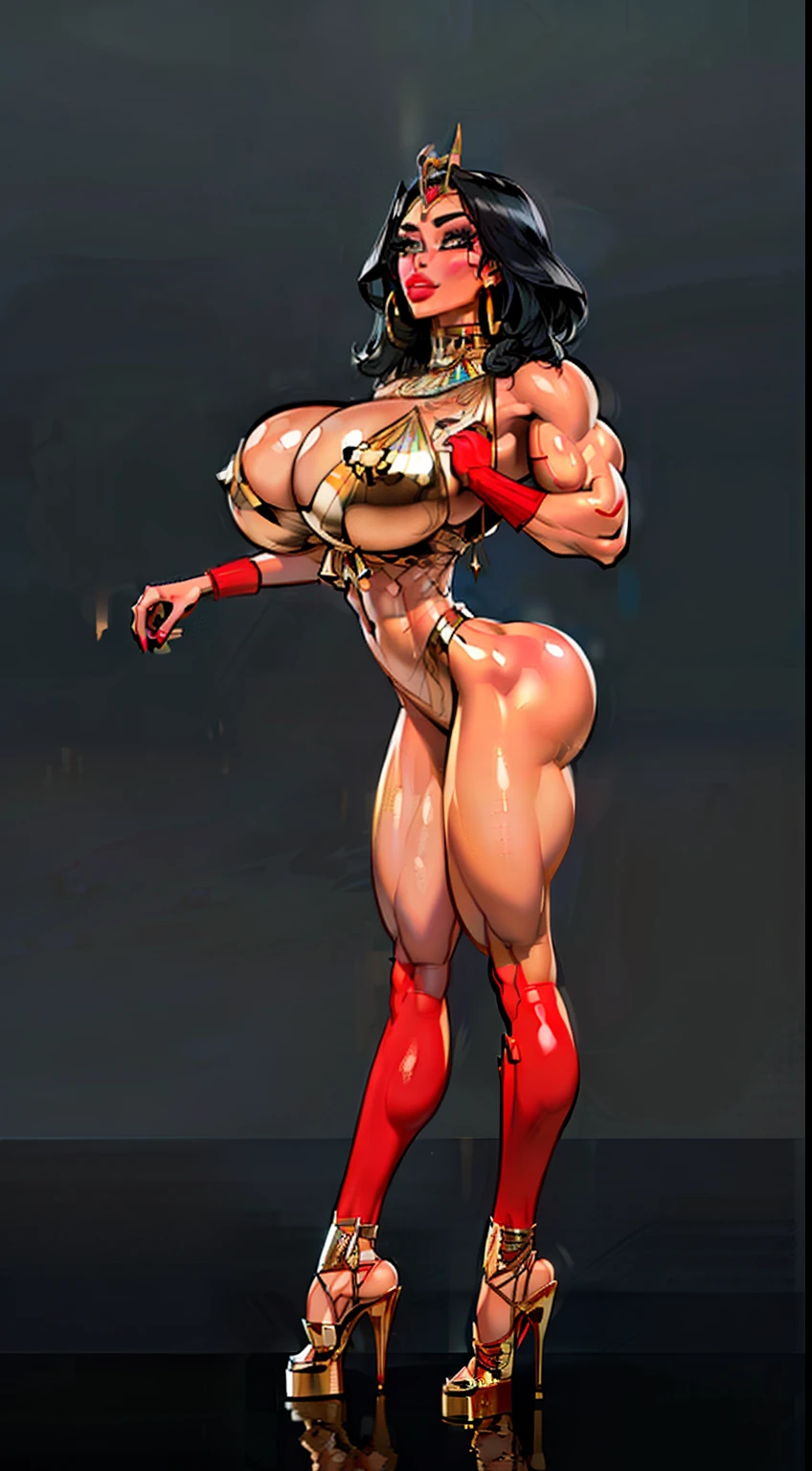 ((side profile)), ((full body view:1.4)), ((masterpiece)),(((best quality))), ((egyptian empress, mature face)), ((middle eastern eyes:1.4)), ((straight black hair:1.4)), (((septum piercing)), defined cheekbones, high cheekbones, illustration, ((muscular:1.3)), ((gold:1.4)), sexy bimbo, (gigantic breasts:1.7) , black hair, ((detailed face:1.4)) beautiful woman, (Egyptian:1.4), colored skin, (white skin:1.4) , (red lipstick:1.4), shiny skin, ((skindentation)), (reflective light), scribbles and marks,(puffy lips:1.4) ,  (temple: 1.5), ( at night: 1.5), rough sketches, pose, 8k,16k, ( background, black background: 1.3) ((blue color palette)), ((ancient aesthetic))