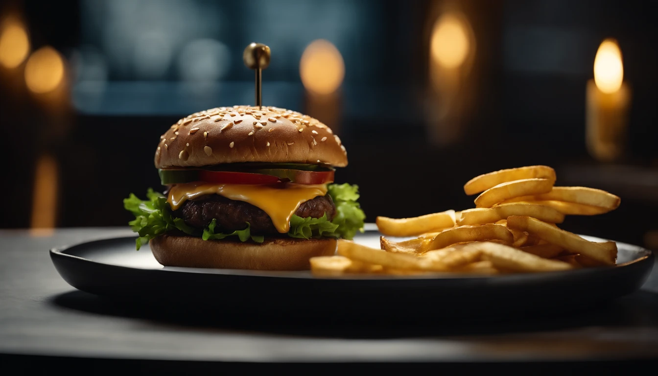 An aesthetic photo of a hamburger served on a trendy black slate plate with a side of golden crispy fries, showcasing the burger’s modern and stylish presentation