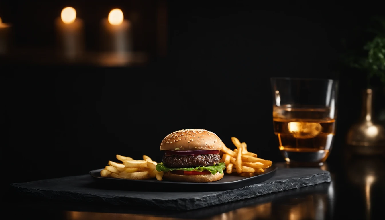An aesthetic photo of a hamburger served on a trendy black slate plate with a side of golden crispy fries, showcasing the burger’s modern and stylish presentation