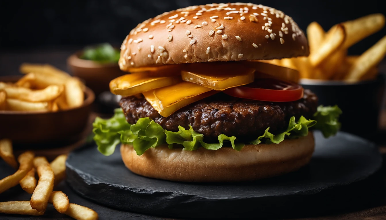 An aesthetic photo of a hamburger served on a trendy black slate plate with a side of golden crispy fries, showcasing the burger’s modern and stylish presentation