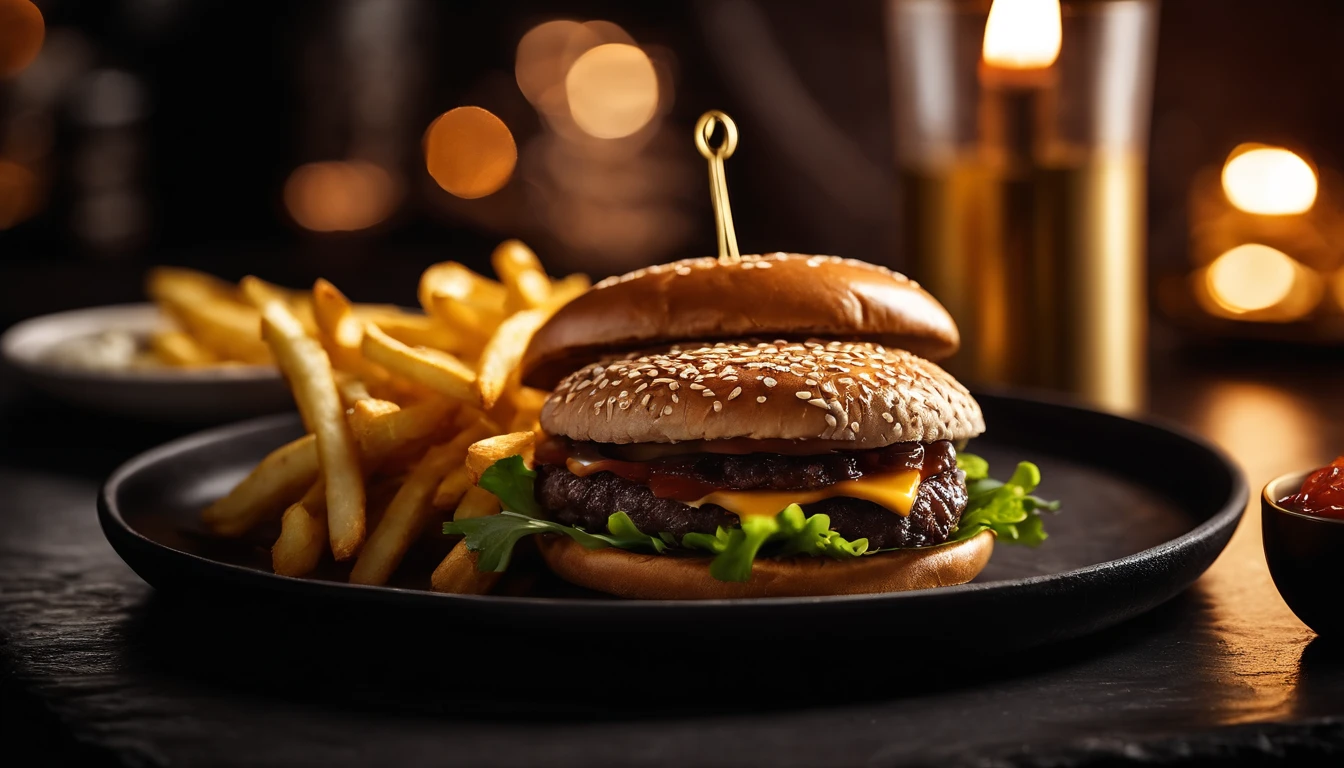 An aesthetic photo of a hamburger served on a trendy black slate plate with a side of golden crispy fries, showcasing the burger’s modern and stylish presentation