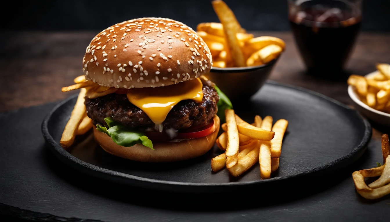 An aesthetic photo of a hamburger served on a trendy black slate plate with a side of golden crispy fries, showcasing the burger’s modern and stylish presentation