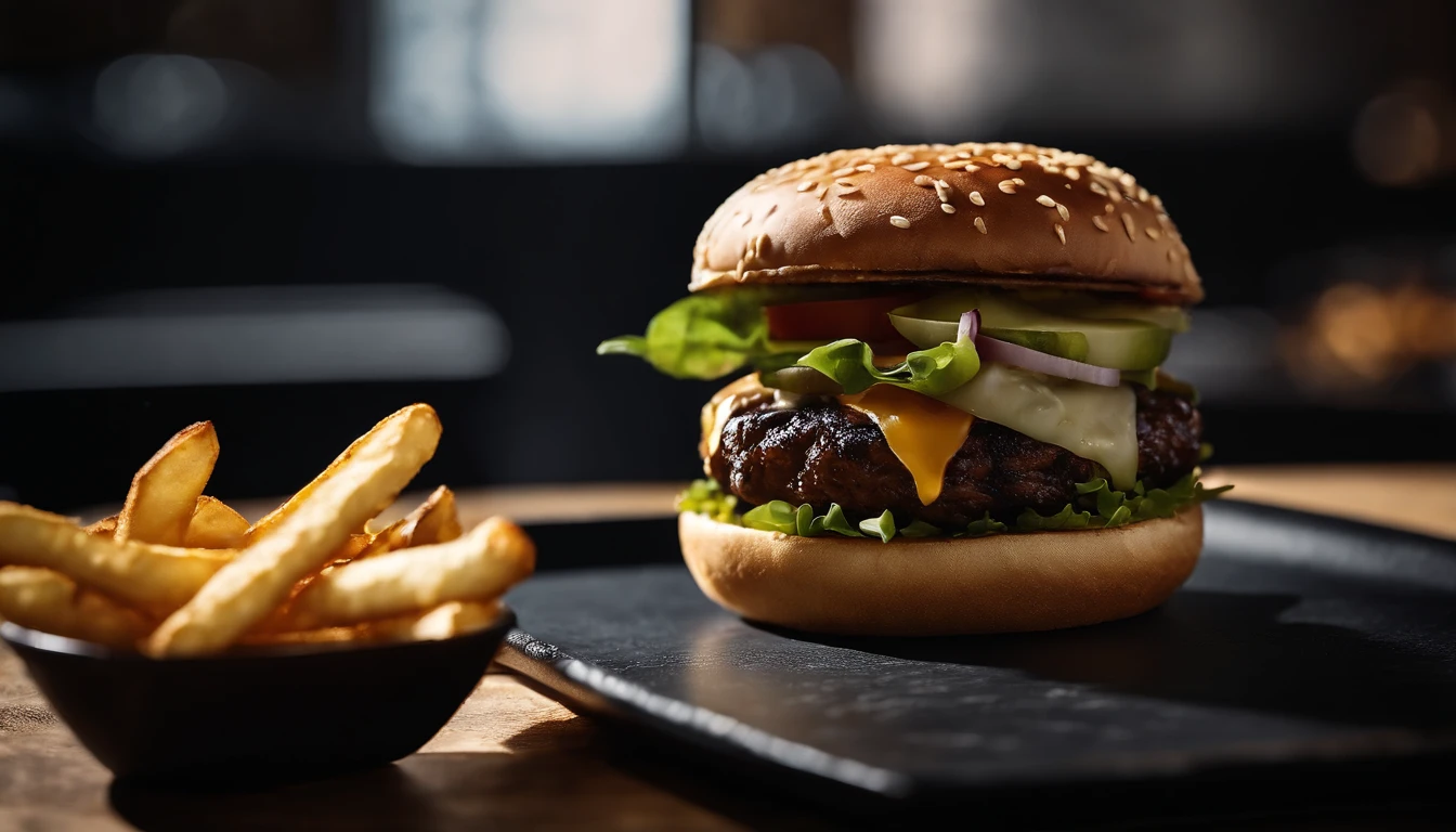 An aesthetic photo of a hamburger served on a trendy black slate plate with a side of golden crispy fries, showcasing the burger’s modern and stylish presentation