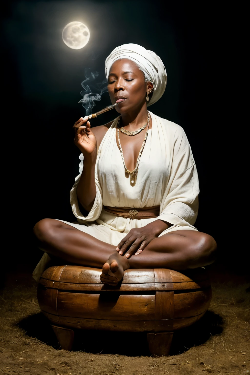 ((masterpiece, photorealistic, raw,:1.4), (extremely complex:1.2), close-up, cinematic light, side lighting, ultra high resolution, best shadow, RAW, 67-year-old African lady, pipe in her mouth (pipe releasing smoke in the air), old-black archetype (umbanda), mystic, head tilted upwards, (eyes closed, serene expression), calm, meditating, sitting on a wooden stool, wearing white slave dress, and headscarf, Forest background in the moonlight