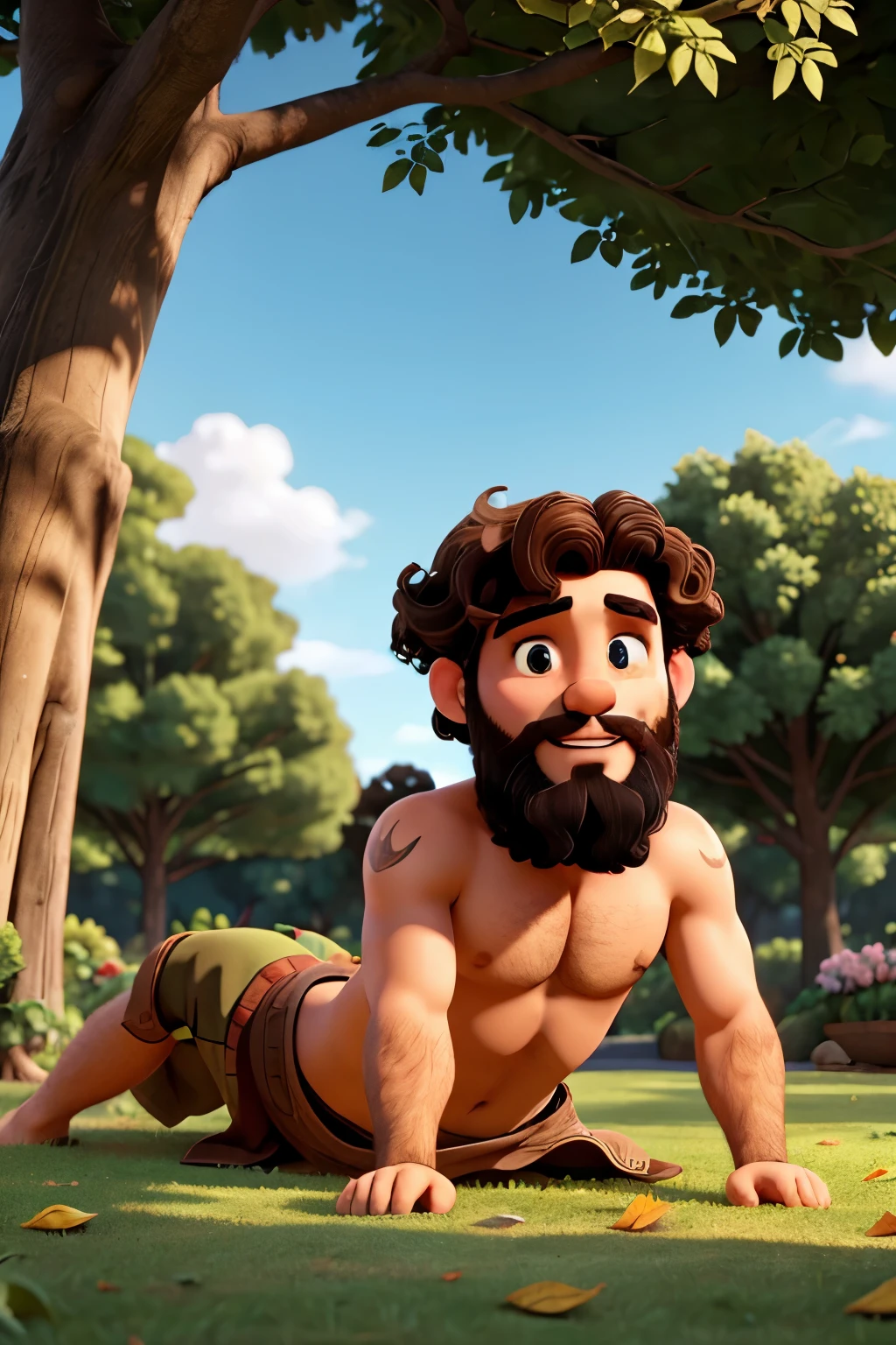 a man lying on a lawn dressed in a loincloth of leaves, he has slightly curly brown hair, and a beard, there are trees around him