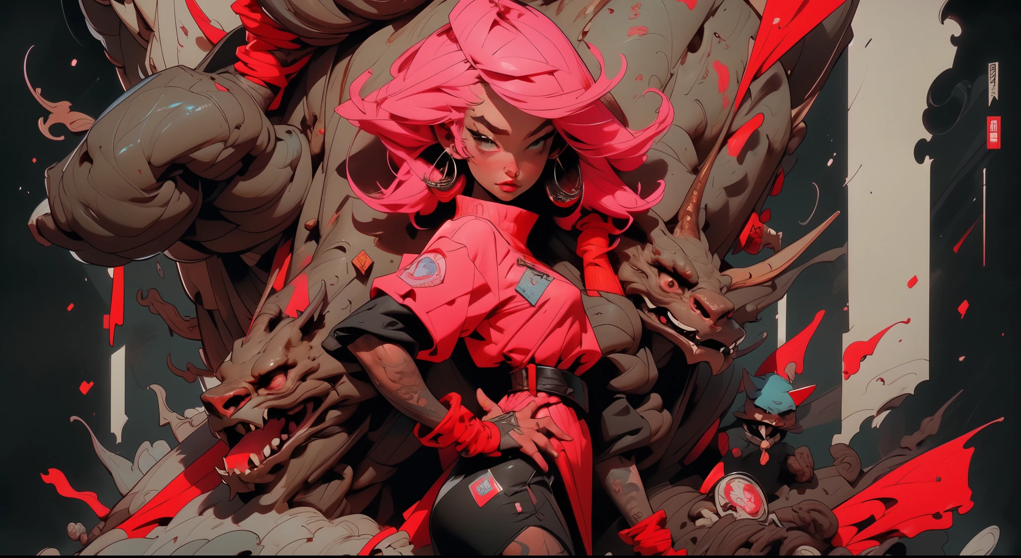 ((Very nice girl in full height)). With pink hair, posing in black and pink clothes with pink rhinoceros, tanned skin, dark skin, seductive - hot stripper, very sexy, modern style, comic book, cyberpunk, future, color fill, rich colors. Very graceful, stands half-turned, in a sporty pose, looking at the viewer. Tattoos on the body, fashionable short dresses and devices on the body. 2_Strip club, city of the future, evening city, lanterns, illumination. 3_High image quality, Full HD, cinematic comic, 3D visualization_in comic style - linear stroke, color fill, high-quality stroke - a masterpiece, TOP computer graphics ART. dark lighting, strong shadow. (vivid, anime, comic, creative, sharp focus, 8K). High detail of the drawing, lines, high-quality background (shades of cold tones, red, warm highlights, side lighting), Architecture, cyberpunk, futurism. Film grains, dust and particles in the air.