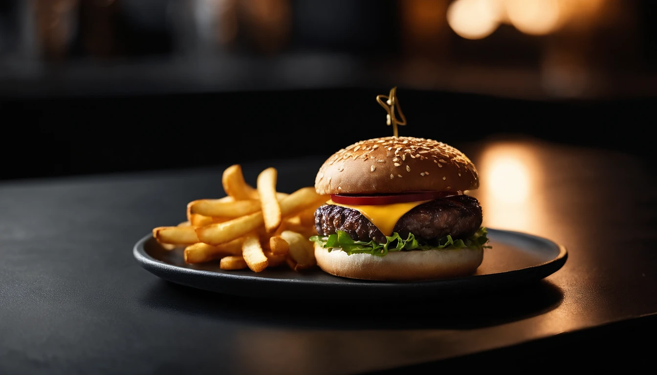 An aesthetic photo of a hamburger served on a trendy black slate plate with a side of golden crispy fries, showcasing the burger’s modern and stylish presentation