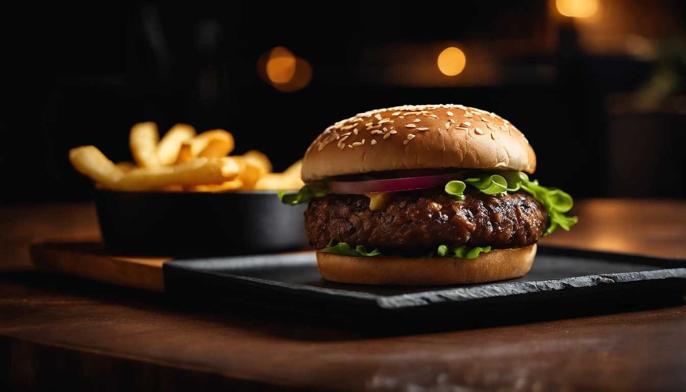 An aesthetic photo of a hamburger served on a trendy black slate plate with a side of golden crispy fries, showcasing the burger’s modern and stylish presentation