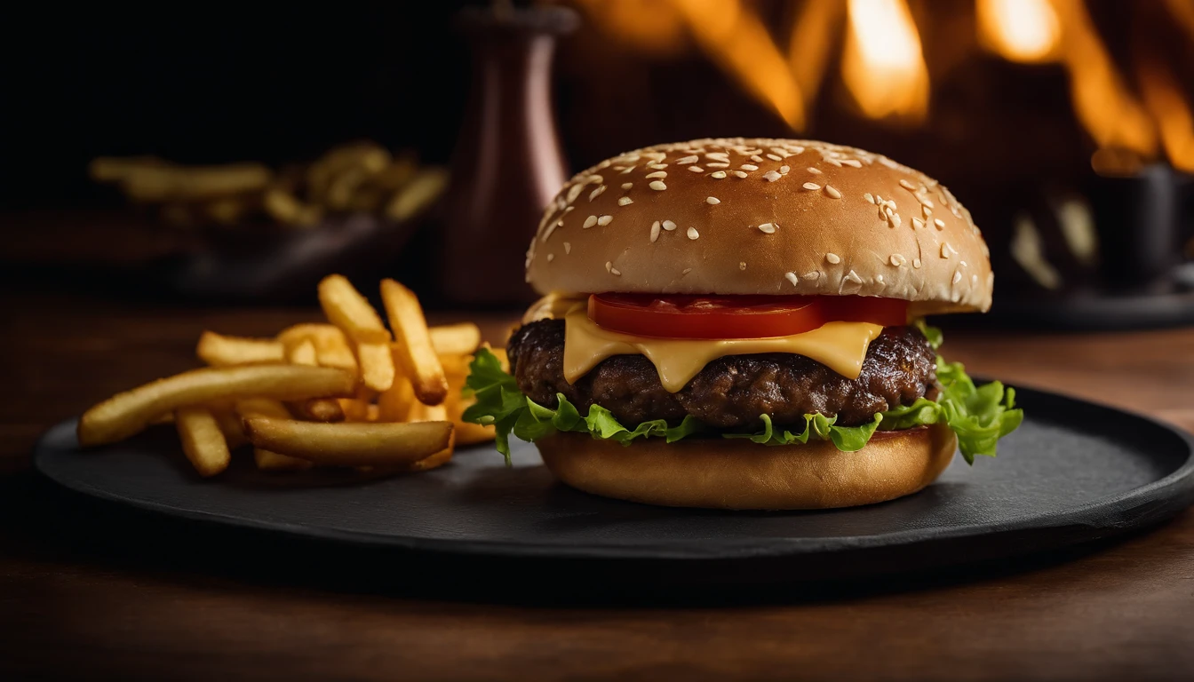 An aesthetic photo of a hamburger served on a trendy black slate plate with a side of golden crispy fries, showcasing the burger’s modern and stylish presentation