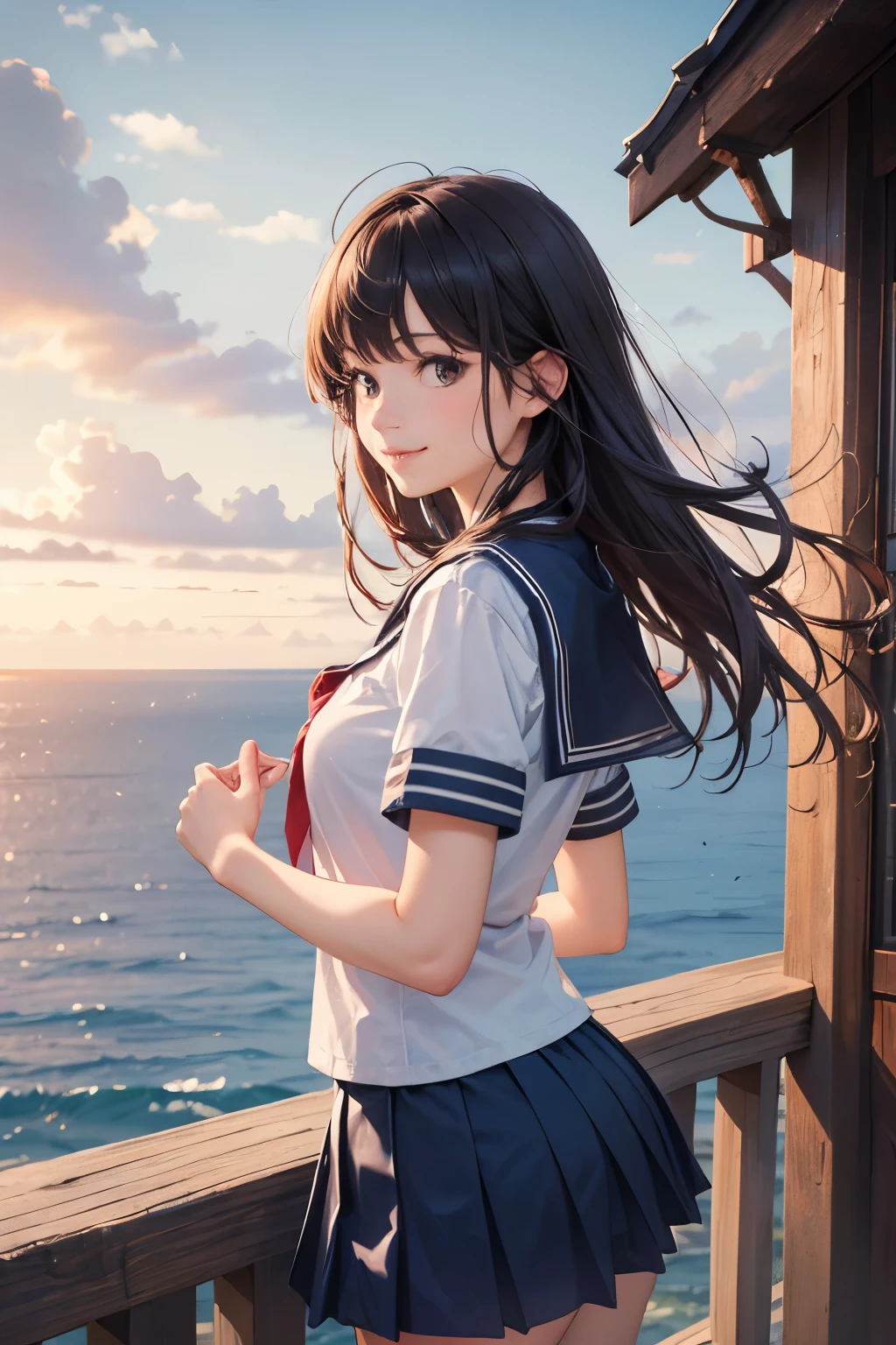 very cute and beautiful school girl viewing sea on hilltop,(highly detailed beautiful face and eyes:1.2),
smile,cowboy shot,seifuku,(pleated navy blue mini skirt),black hair,zettai ryouiki,
(looking at sea,from top of hill),many houses with red roof,detailed landscape,
(best quality,masterpiece:1.2),intricate details,extremely detailed,highres,solo,
dynamic angle,natural lighting,hair fluttering in the wind,beautiful detailed sky,perfect hands,(realistic),