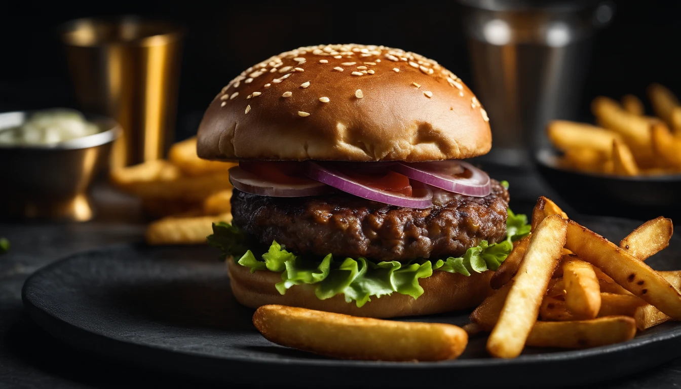 An aesthetic photo of a hamburger served on a trendy black slate plate with a side of golden crispy fries, showcasing the burger’s modern and stylish presentation