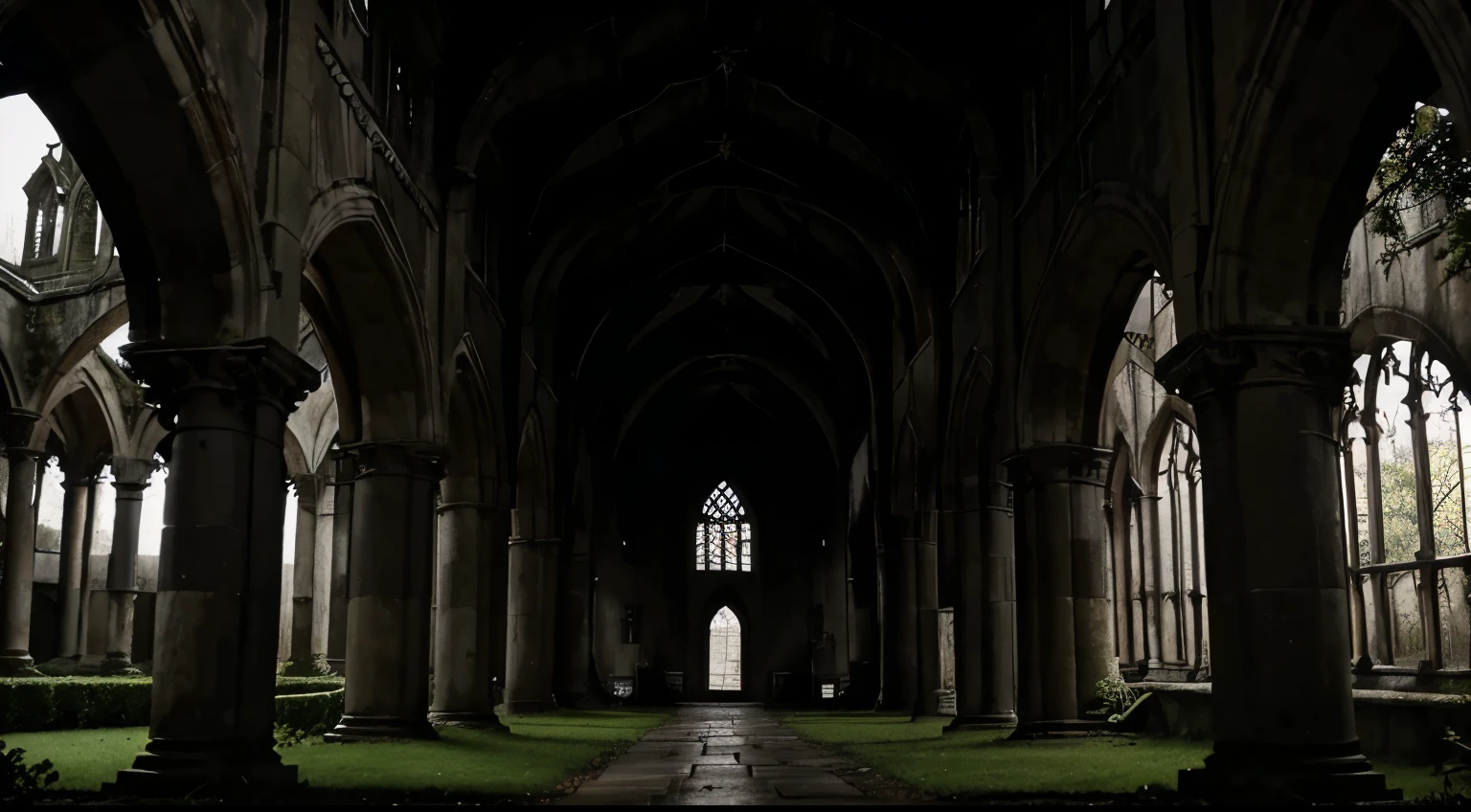 a gloomy Gothic cloister with a garden and leafless trees, a gloomy and dark and foreboding sky,