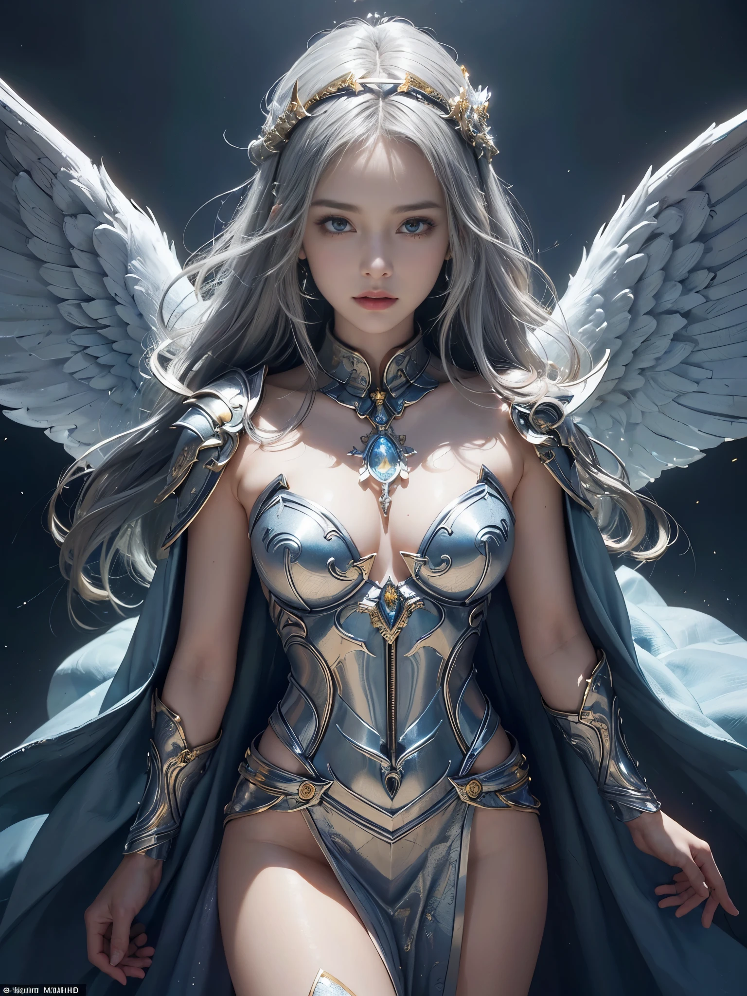 ((Quality: masterpiece, best quality, UHD, anatomically correct, photo realism, textured and detailed skin, skin pores, skin imperfections, textured and detailed hair, volumetric lighting, hyper realistic and detailed background)), whimsical and creative artist woman with a palette of vibrant colors, aasimar paladin with radiant wings, clad in gleaming armor adorned with celestial motifs. She holds a glowing sword, a beacon of divine justice, bright, white, silver, gold