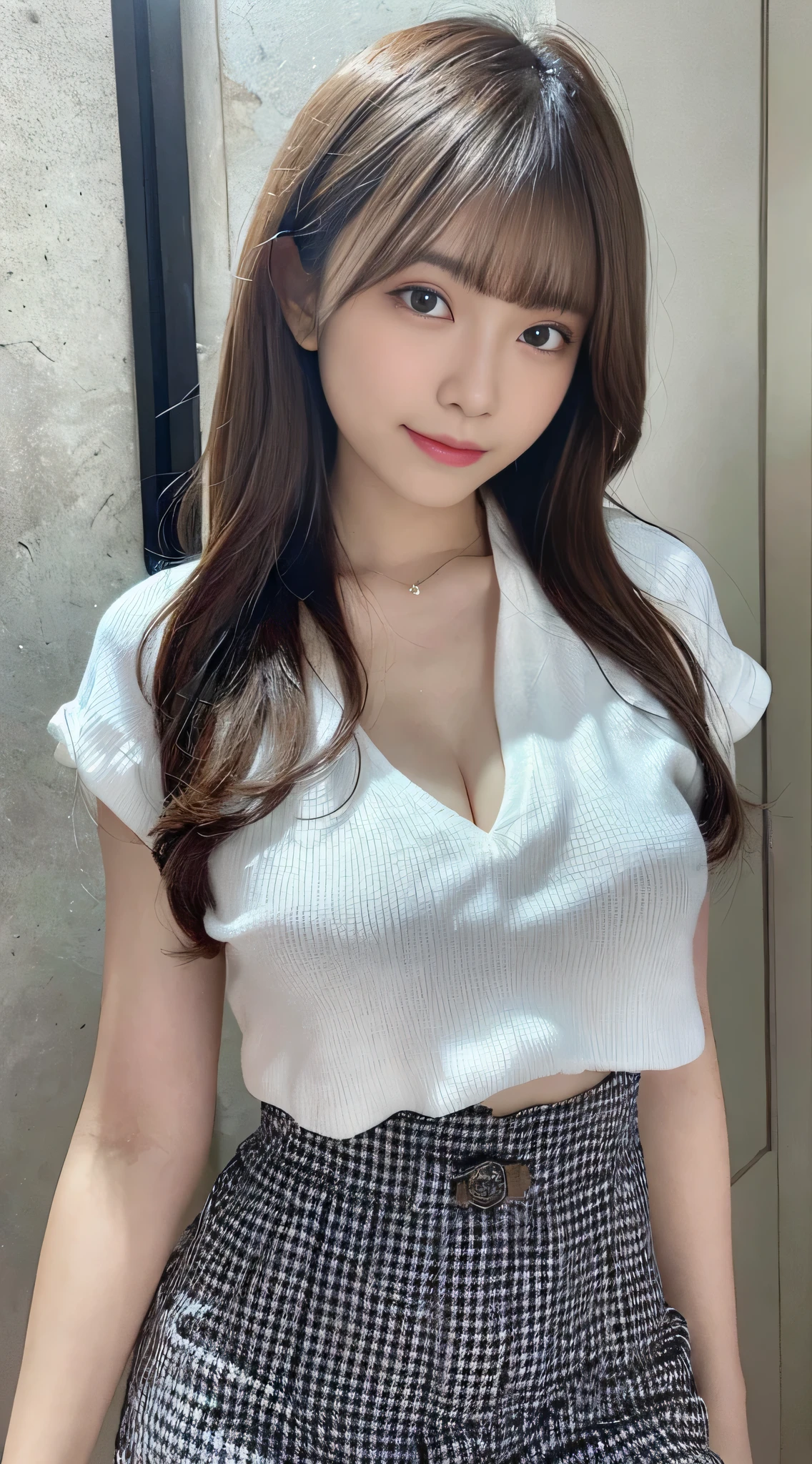 ((top-quality、8K、masterpiece:1.3))、foco nítido:1.2、Beautiful Women in Perfect Style:1.4、Slender Abs:1.2、((dark brown hair、Colossal tits:1.2))、(natural soft light、City Street:1.1)、Highly detailed facial and skin texture、A detailed eye、二重まぶた、Sexy secretary in tight mini skirt、A slight smil、open-shirt、Sexy costume