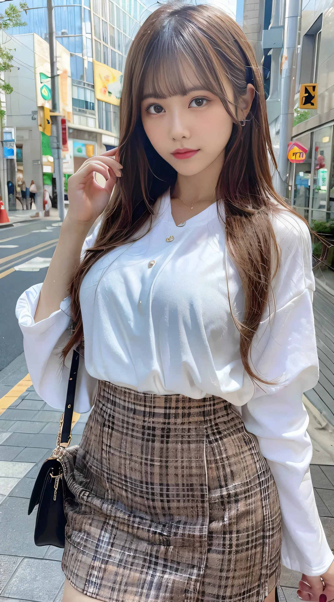 A woman in a skirt and white shirt is walking down the street - SeaArt AI