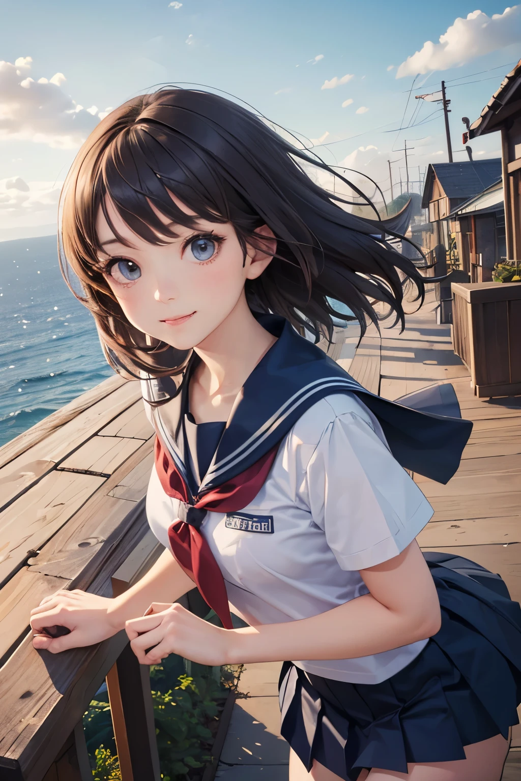 very cute and beautiful school girl viewing sea on hilltop,(highly detailed beautiful face and eyes:1.2),
smile,cowboy shot,seifuku,(pleated navy blue mini skirt),black hair,zettai ryouiki,
(looking at sea,from top of hill),many houses with red roof,detailed landscape,
(best quality,masterpiece:1.2),intricate details,extremely detailed,highres,solo,
dynamic angle,natural lighting,hair fluttering in the wind,beautiful detailed sky,perfect hands,(realistic),