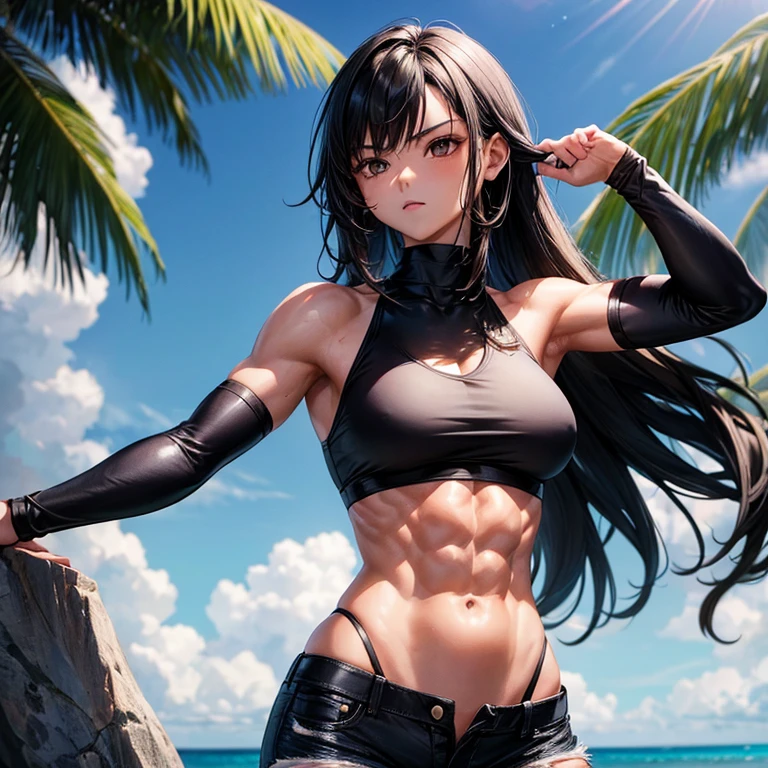 1girl, girl, Black hair, Long hair, long spiky hair, fit body, musculate body, abbs, sunbathing skin, Sharp theeths, top, sport top, black jeans.