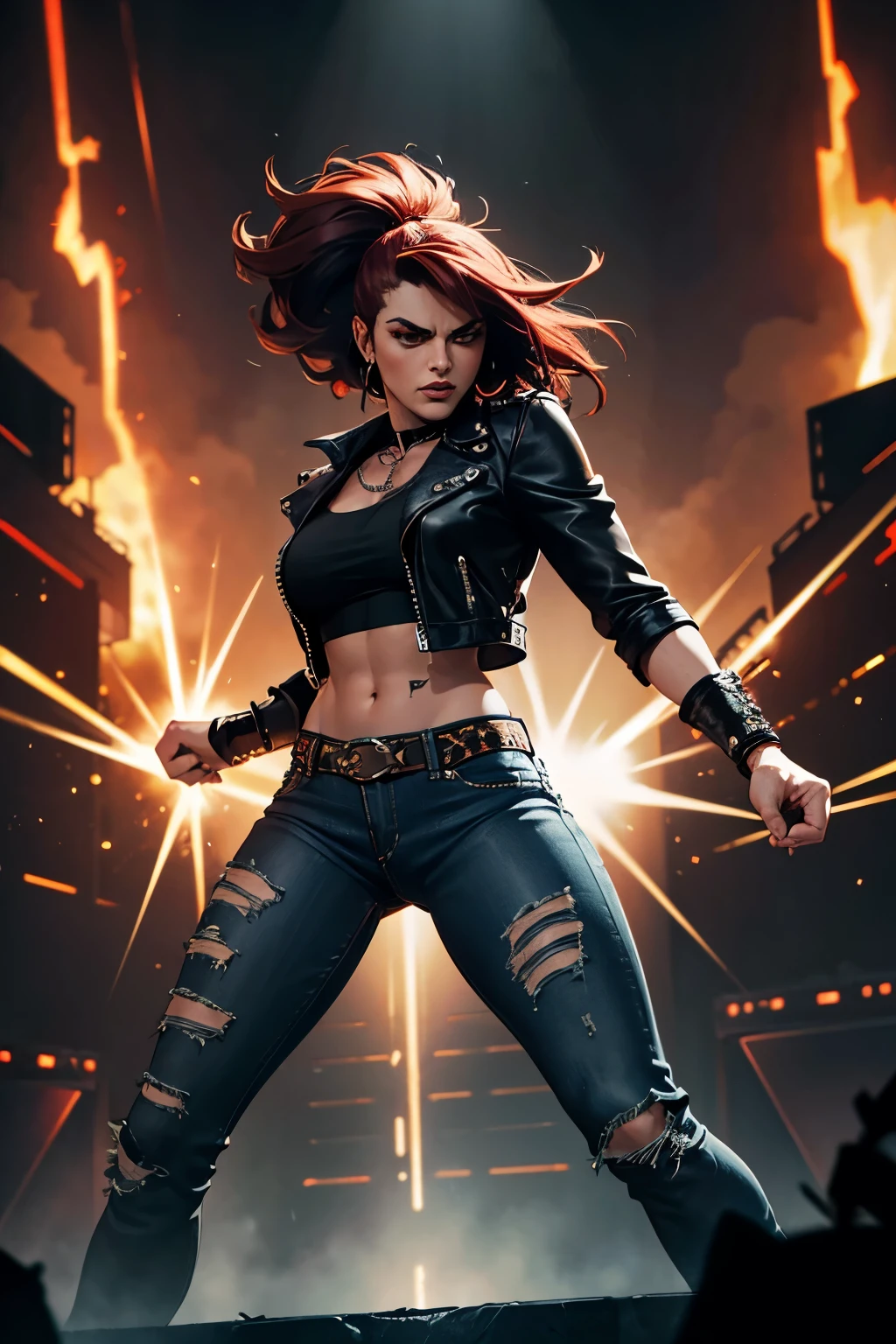 (best quality,highres), women monster heavy metal rock N roll style,big muscular body,extremely powerful,red glowing eyes,headbanger clothing,spiked leather jacket,distressed denim jeans,metal stud accessories,[dynamic],dark and aggressive background,[intense],heavy stage lighting,[energizing music],[epic],smoke and fire effects,conquering the stage presence,unleashing raw energy and power,menacing and intimidating posture