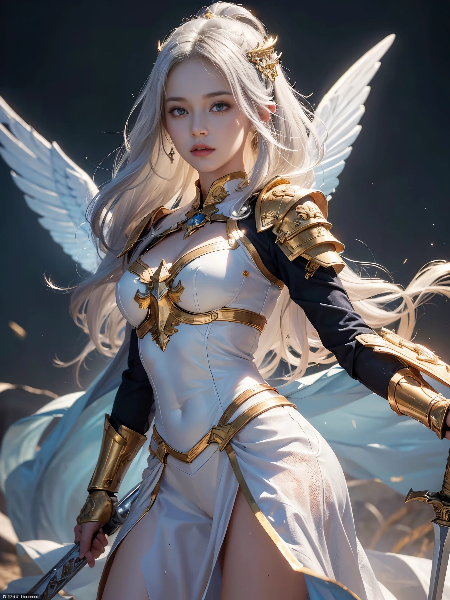 ((Quality: masterpiece, best quality, UHD, anatomically correct, photo realism, textured and detailed skin, skin pores, skin imperfections, textured and detailed hair, volumetric lighting, hyper realistic and detailed background)), whimsical and creative artist woman with a palette of vibrant colors, aasimar paladin with radiant wings, clad in gleaming armor adorned with celestial motifs. She holds a glowing sword, a beacon of divine justice, bright white background, silver, gold