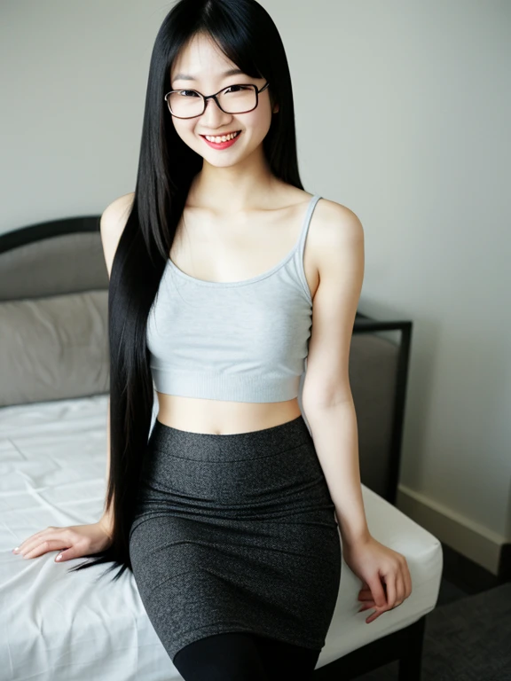 asian, glasses, small breasts, topless, smile, sexy pencil skirt, tights, long straight hair, long legs