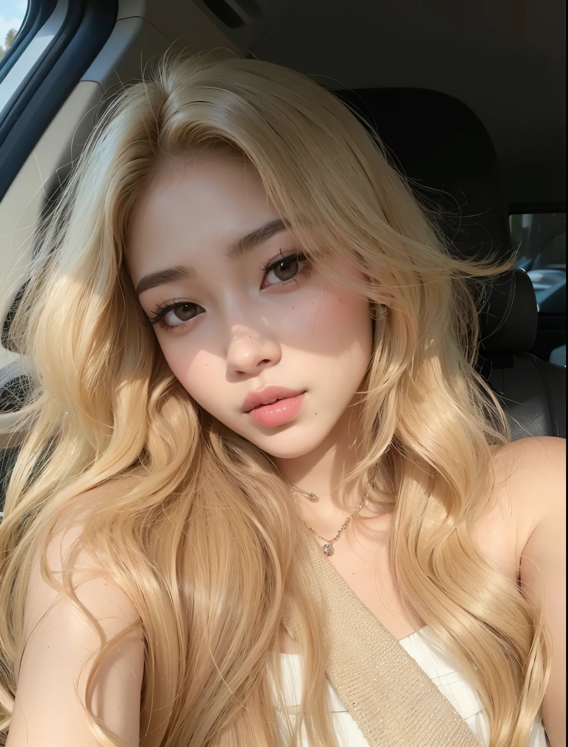 Mulher de cabelos loiros com cabelo longo sentada em um carro, long cabelos loiros e olhos grandes, rosto extremamente bonito, pale skin curly blond hair, longos cabelos loiros e olhos grandes, cara muito bonita, menina loira bonita, uma menina com cabelo loiro, cabelos loiros e olhos grandes, lindo modelo jovem, rosto perfeito ), lindo rosto delicado, com longos cabelos loiros, pale glowing skin, jennie kim, blackpink jennie, kim jennie