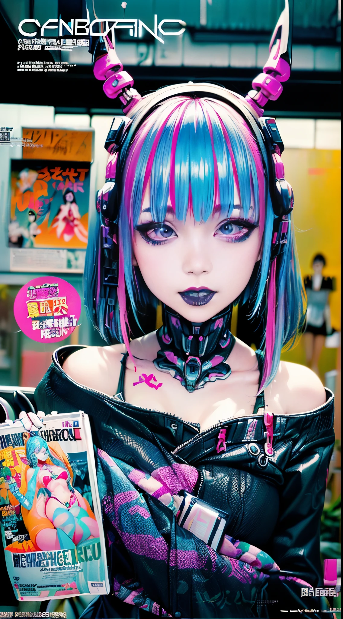 Flowing_contour biomechanical__cybernetic_airbrush___Strange__Weird__(((Japanese Harajuku style Fashion_(((colorful Magazine_cover)))__art_decor_Border)))__porcelain_and_Platinum / Futuristic Cyberpunk woman with porcelain skin, (cybernetic implants), NSFW