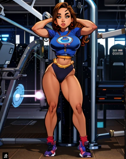 master part, melhor qualidade,Anissiaanisi,(Pixar 1.23 estilo), 2d, Artgerm 4K, Artgerm extremamente detalhado, in digital illustration style, a woman posing for a photo in a gym with a machine, pernas fortes, coxas musculosas, legs and arms, IFBB Corpo Fitness, muito lindo. large muscles, corpo forte, pernas musculosas, feminino e muscular, fit curvy physique, fisiculturismo mulher, massive legs towering over you, pernas grossas, musculosa, muito em forma e extremamente musculoso, forte e imponente