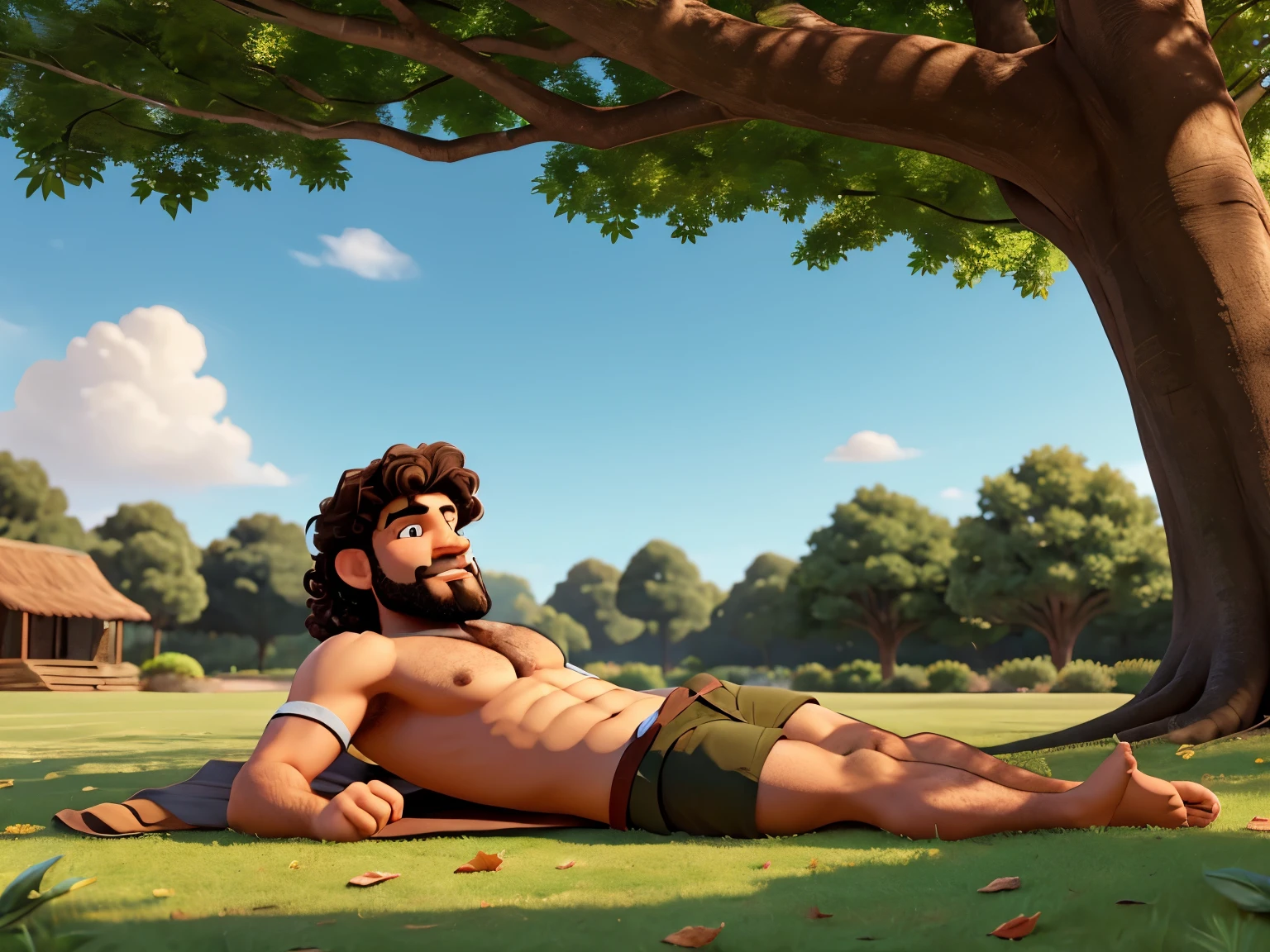 a man lying on his back on a lawn dressed in a loincloth of leaves, he has slightly curly brown hair, and a beard, there are trees around him