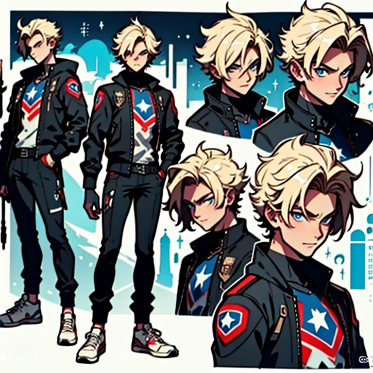 20 year old, handsome male, brownish-blond hair, blue eyes, captain America shield, strong, captain America themed jacket (open), cargo pants, anime style