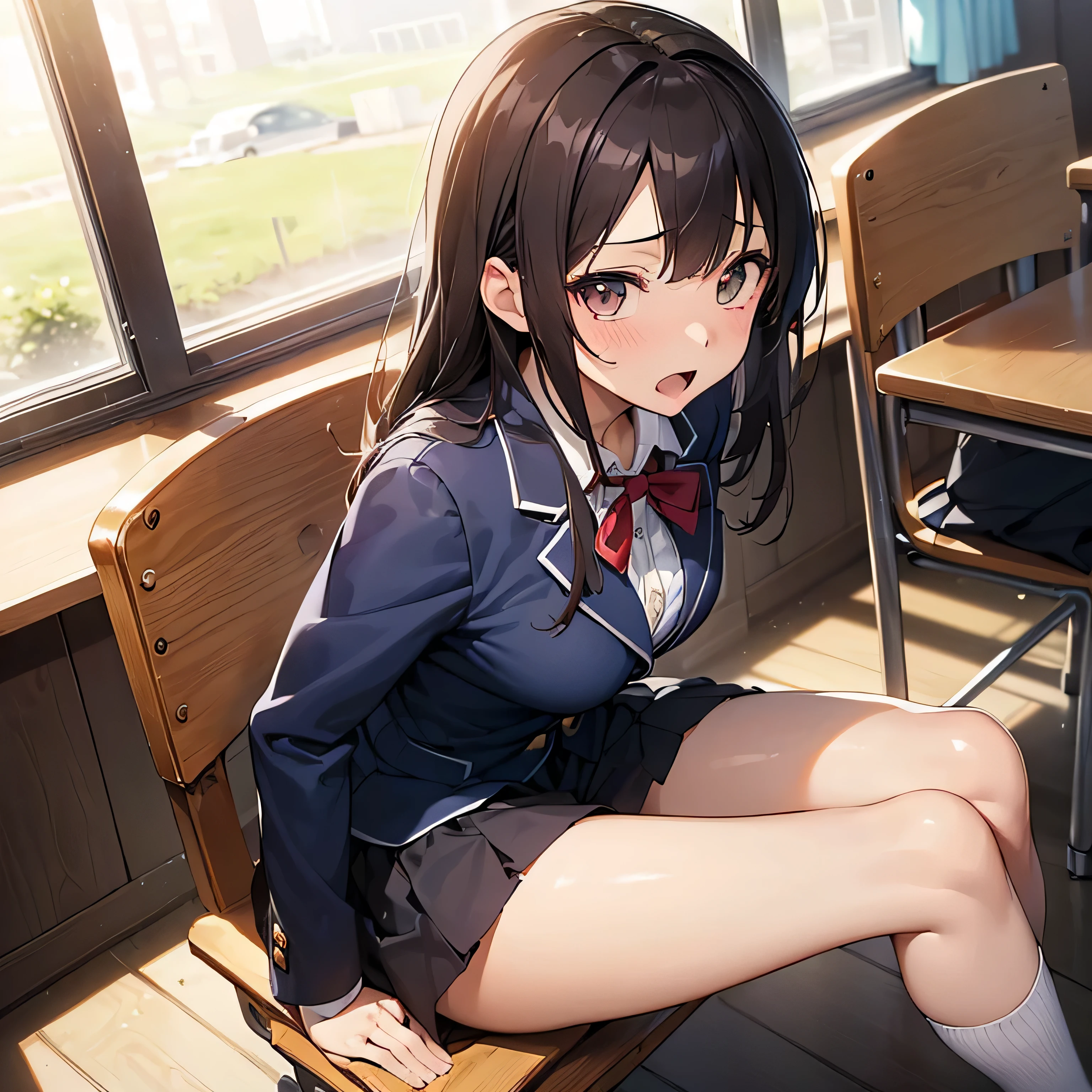 ((((masutepiece, Highest Quality, Best Quality, 1girl in, Solo, Beautiful anime、Detailed picture))))、18year old、A slender、slightly larger breasts、skinny thigh、((dark brown hair、Straight、Longhaire、Brown-eyed、rounded eyes、Clear department、、)),((Schools、‎Classroom))、((Dark blue blazer、Dark blue skirt、School uniform、bow ribbon、lowfers)))、astonished face、Impatient expression、Open mouth、opens his eyes wide、NSFW、(((、Fluid overflowing from the female genitalia、Fluid overflowing from the female genitalia、dildo、open one's legs、insertion、masturbate、)))、(Sit on a wooden chair、shot from a side angle、I don&#39;t know the photographer)、Photo from the knee up、