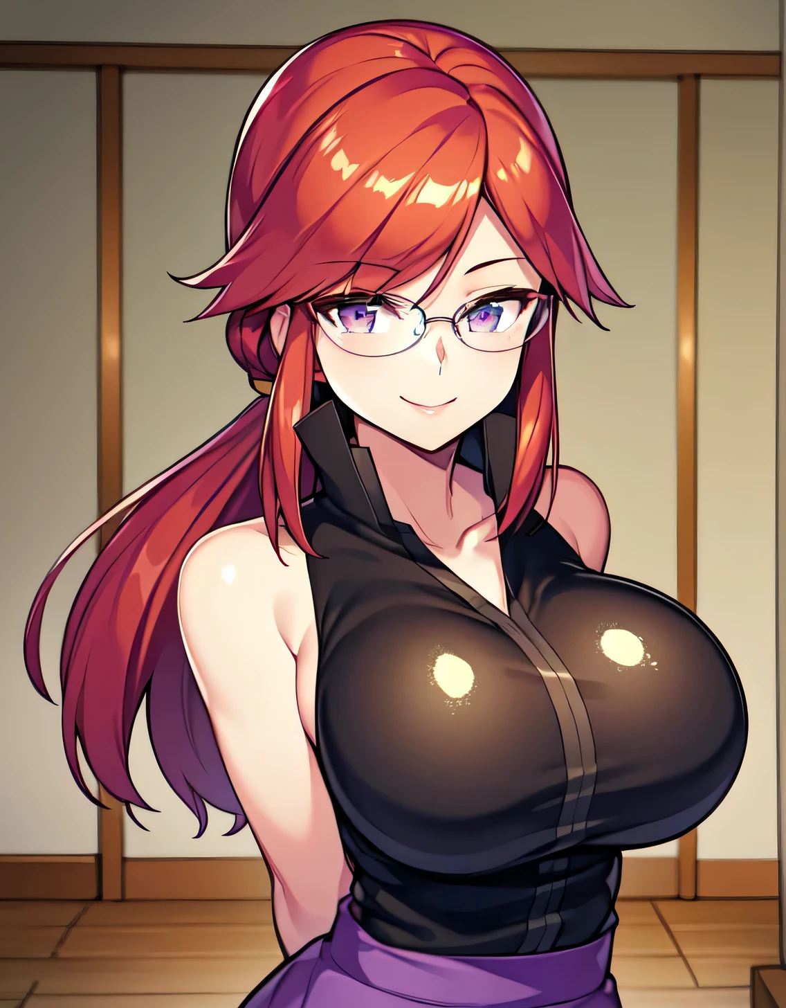 frlg lorelei, Red hair, swept bangs, Glasses, 鎖骨, Black shirt, Sleeveless, 手链, Purple skirt, high-heels,(Large breasts:1.5),Looking at Viewer,Standing,((masutepiece)),((Best Quality)),Perfect Anatomy,8K UHD,extra detailed face,gloss and shiny,((1girl in)),((Solo)),(Beautiful detailed eyes:1.5),image perfect,(Upper body:1.1),(Look at the front:1.1),arms behind back,Slim waist,Shiny hair,(Sensitive smile:1.2),indoor hall,