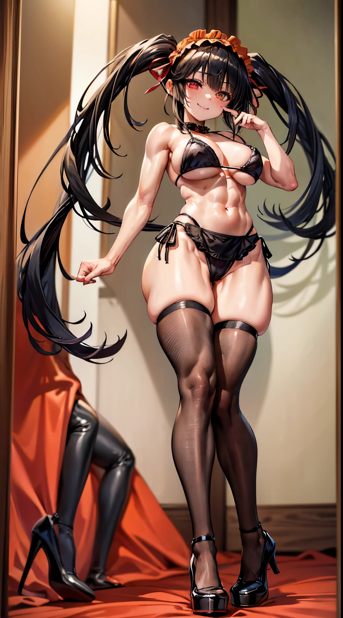 1 girl, bare shoulders, black hair, medium breasts, (muscular legs), muscular belly, wide hips, thin waist, (((clock eyes))), (wearing a very short and sexy bikini), finger to mouth, ( ((in the motel room))), full body, hair band, (with her back to me showing me her big ass), heterochromia, index finger raised, black high heel shoes, lolita hair band, long hair, red eyes, smiling, only, symbol-shaped pupils, (Kurumi tokisaki), (twintails), yellow eyes,
