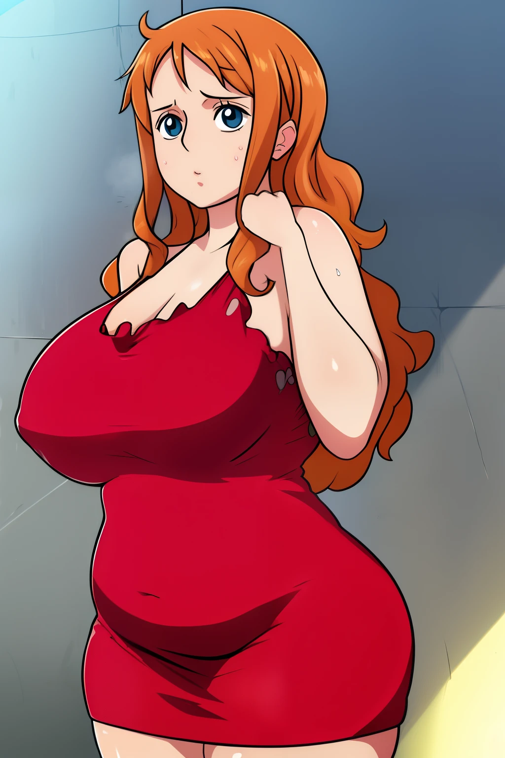 masterpiece, (photorealistic), (8k wallpaper) , (best quality), perfect quality, solo, (detailed eyes:0.9), Nami, beautiful face, cute face, young, very chubby, small breasts, curvy, fat rolls, belly rolls, chubby belly, fat thighs, very plump, sexy pose, sexy, big deep navel, tight red dress, muffin top, love handles, fed up, fatty