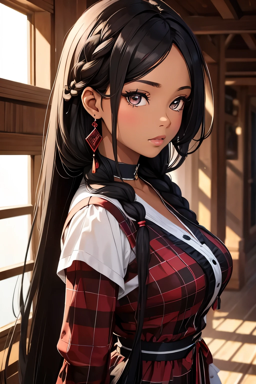 (masterpiece, best quality), deep ebony 1girl, beautiful face, freely hanging braids, red checks.