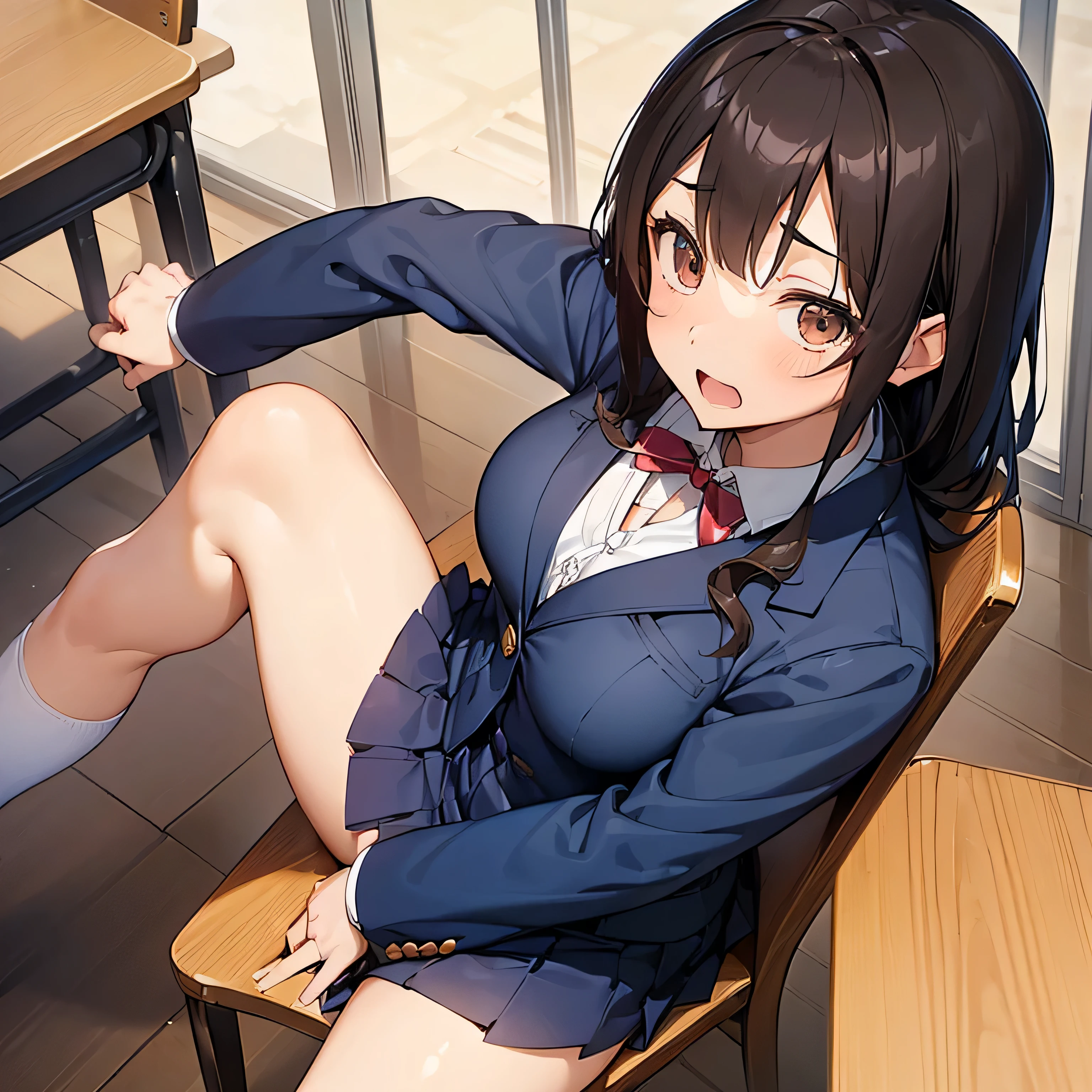 ((((masutepiece, Highest Quality, Best Quality, 1girl in, Solo, Beautiful anime、Detailed picture))))、18year old、A slender、slightly larger breasts、skinny thigh、((dark brown hair、Straight、Longhaire、Brown-eyed、rounded eyes、Clear department、、)),((Schools、‎Classroom))、((Dark blue blazer、Dark blue skirt、School uniform、bow ribbon、lowfers)))、astonished face、Impatient expression、Open mouth、opens his eyes wide、NSFW、(((、Fluid overflowing from the female genitalia、Fluid overflowing from the female genitalia、dildo、open one's legs、insertion、masturbate、)))、(Sit on a wooden chair、shot from a side angle)、Photo from the knee up、