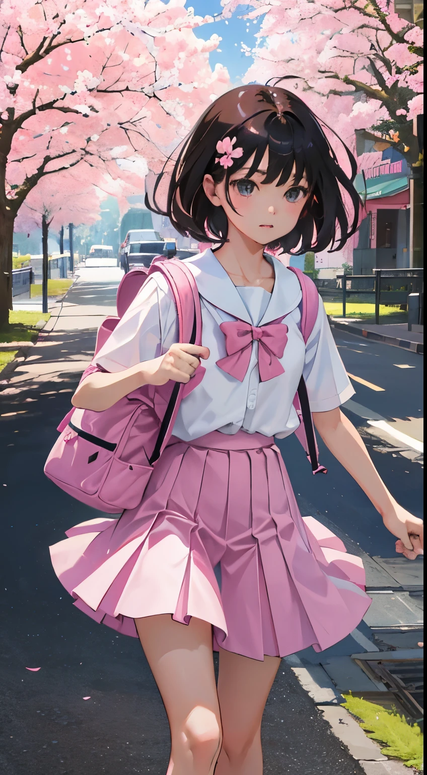 (),(masterpiece,Highest Quality),backpack,pink pleated miniskirt,shortsleeves,A dark-haired,Summer Classroom,The wind is blowing,A path lined with flourishing cherry blossom trees