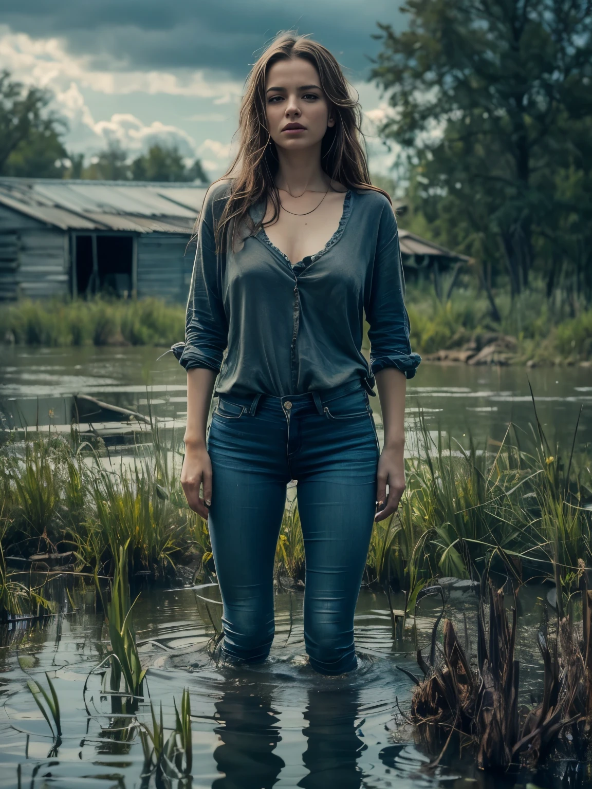 Psychological thriller, The woman, in full height, Drowning in an ankle-deep swamp, in jeans and a T-shirt, Flares on jeans, Iндульгенция в постыдном фетише. I'I стою в грязном болоте, with a sharp face and. Pale skin of a woman contrasts with a dark background.