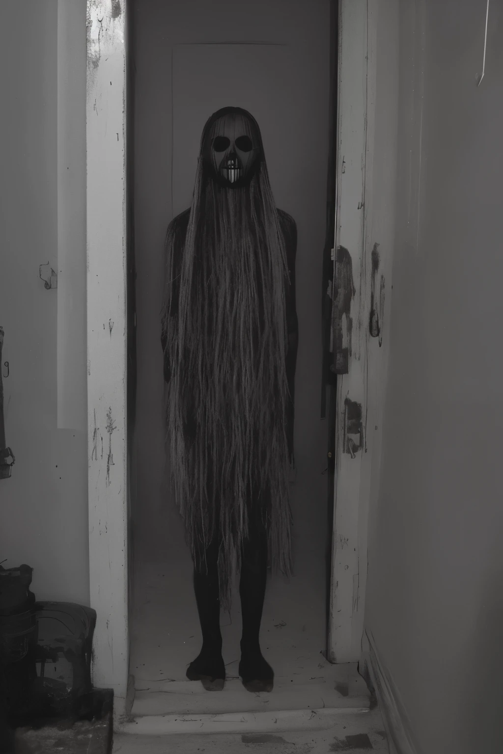 Scary girl、He looks at us with a knife in his hand and smiles、Room corridor、Ultra-high image quality、high resolution、8K、16K、Live action、bloodthirsty、Believe