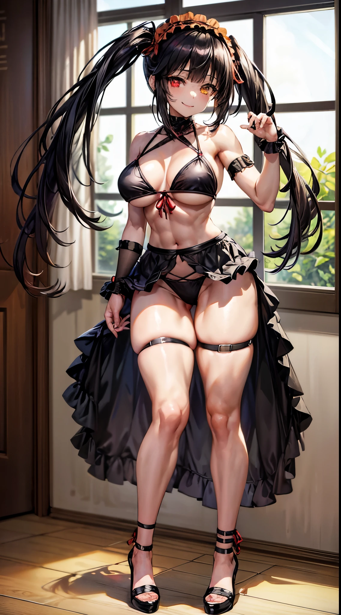 1 girl, bare shoulders, black hair, medium breasts, (muscular legs), muscular belly, wide hips, thin waist, (((clock eyes))), (wearing a very short and sexy bikini), finger to mouth, ( ((in the motel room))), full body, hair band, (with her back to me showing me her big ass), heterochromia, index finger raised, black high heel shoes, lolita hair band, long hair, red eyes, smiling, only, symbol-shaped pupils, (Kurumi tokisaki), (twintails), yellow eyes,