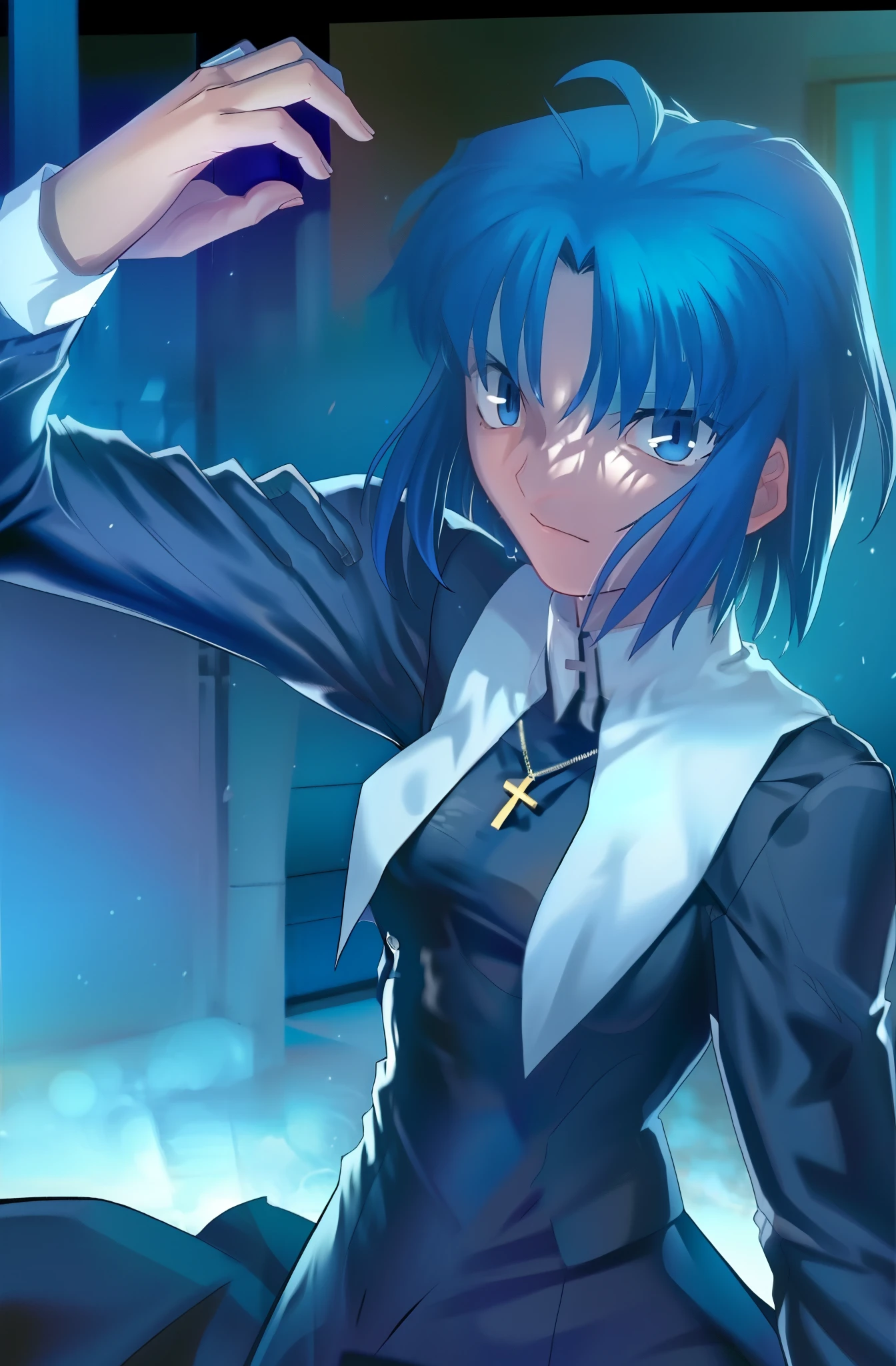 ciel_(tsukihime), Best quality high resolution, cowboy shot, 1girl, solo, long sleeves black dress, habit open, sad, looking at viewer, antenna hair, (ahoge:1), closed mouth, fingernails, breasts, medium breasts, cross, latin cross, cross, holding, necklace, nun,