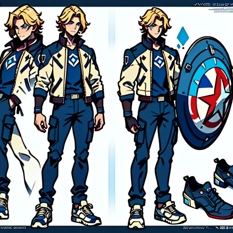 20 year old, handsome male, brownish-blond hair, blue eyes, captain America shield, strong, captain America themed jacket (open), cargo pants, anime style